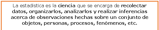 Cuadro de texto: La estadstica es la ciencia que se encarga de recolectar datos, organizarlos, analizarlos y realizar inferencias acerca de observaciones hechas sobre un conjunto de objetos, personas, procesos, fenmenos, etc. 